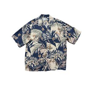 Mens Silk Hawaiian Shirt Large Blue Tropical Aloha Resort Camp Collar Vacation